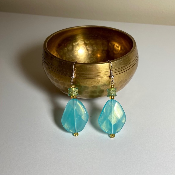 Handmade Earrings - Blue and Gold Beaded Dangle - Picture 4 of 7